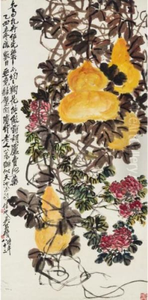 Gourds And Chrysanthemum Oil Painting by Wu Changshuo