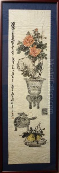 Flowers In Archaic Vases Oil Painting by Wu Changshuo