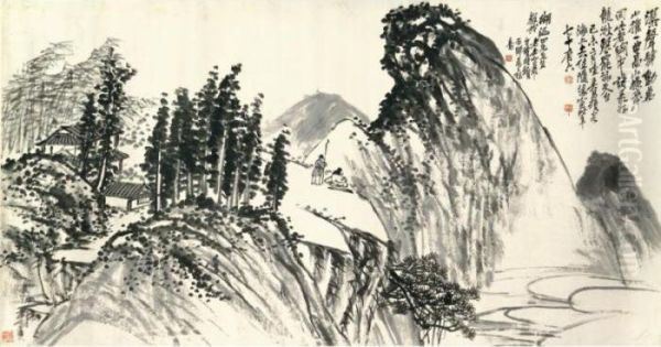 Playing Qin In The Mountain Oil Painting by Wu Changshuo