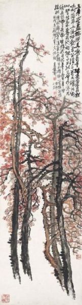 Red Plum Blossoms Oil Painting by Wu Changshuo