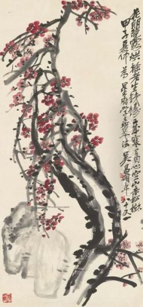 Red Plum Blossoms Oil Painting by Wu Changshuo