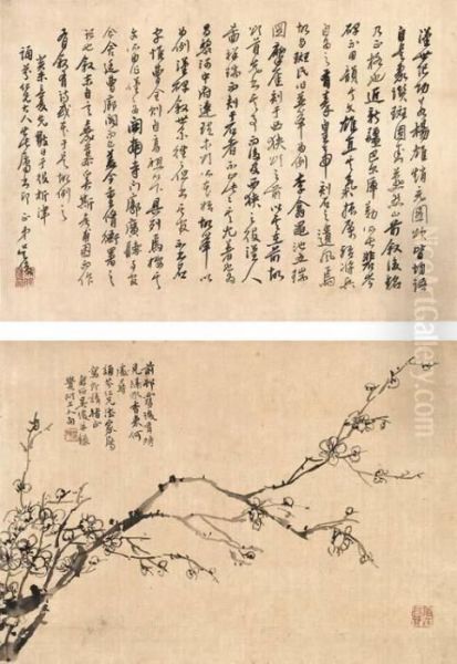 Callligraphy And Plum Blossom Oil Painting by Wu Changshuo