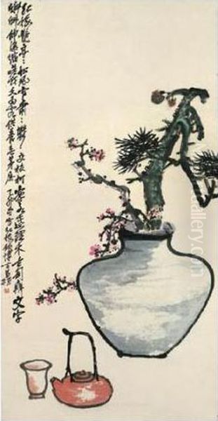 Tea Set And Plum Blossoms Oil Painting by Wu Changshuo