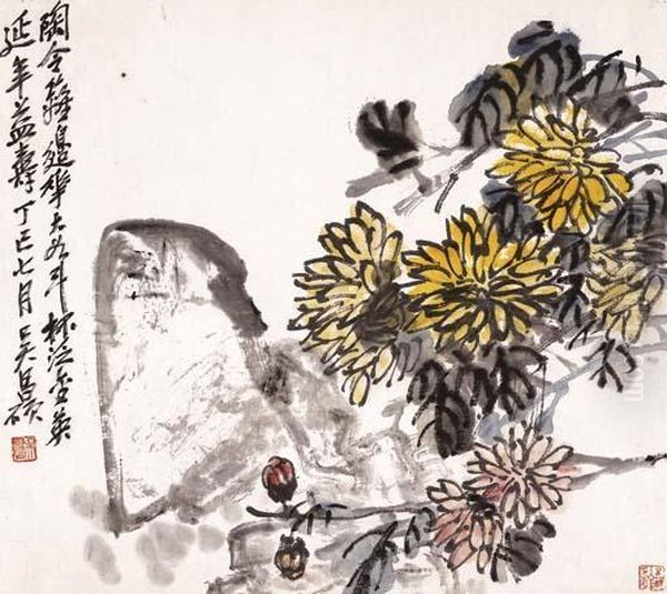 Chrysanthemum And Rock Oil Painting by Wu Changshuo