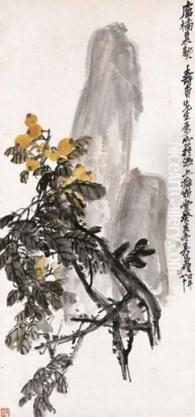 Loquat Tree And Rock Oil Painting by Wu Changshuo