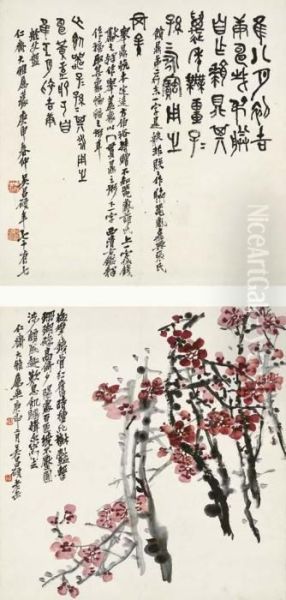 Plum Blossom And Calligraphy Oil Painting by Wu Changshuo