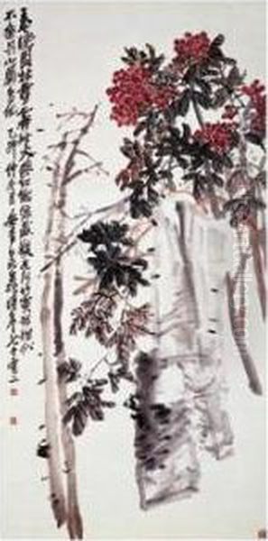 Pelargonium And Rock Oil Painting by Wu Changshuo