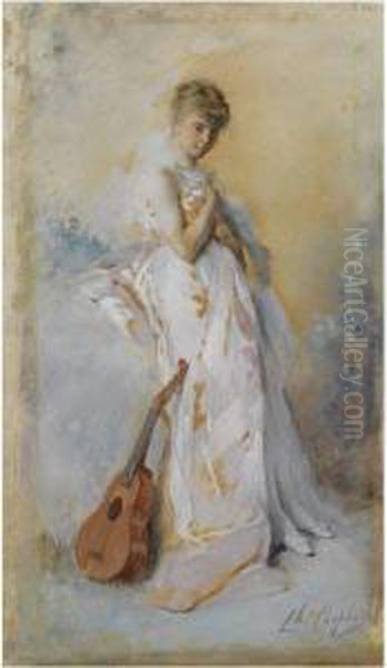 A Lady With A Guitar Oil Painting by Charles Josua Chaplin