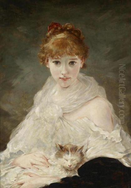 Girl With Cat Oil Painting by Charles Josua Chaplin