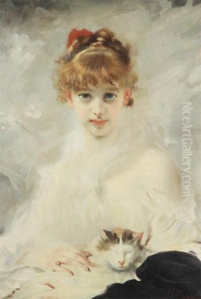 Young Girl With Cat Oil Painting by Charles Josua Chaplin