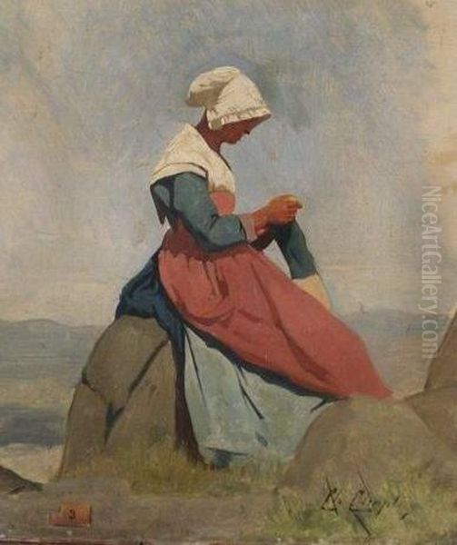 Paysanne Cousant Sur Un Rocher Oil Painting by Charles Josua Chaplin