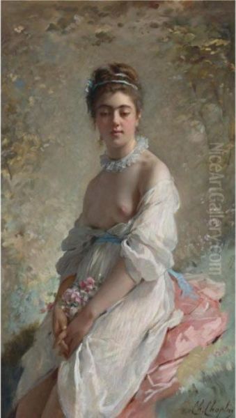 A Beauty With A Bouquet Oil Painting by Charles Josua Chaplin