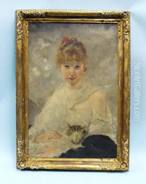 Portrait Of Ayoung Girl With A Sleeping Cat Oil Painting by Charles Josua Chaplin