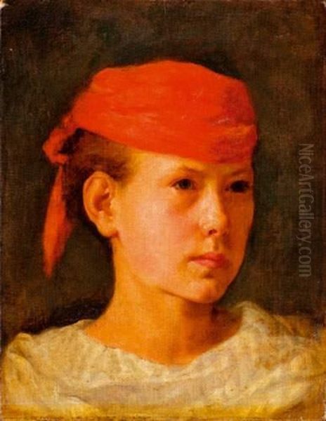 Portrait De Femme Au Foulard Rouge Oil Painting by Charles Josua Chaplin