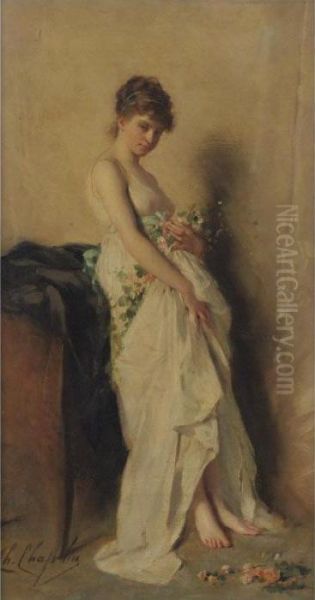 Girl With Garland Of Flowers Oil Painting by Charles Josua Chaplin