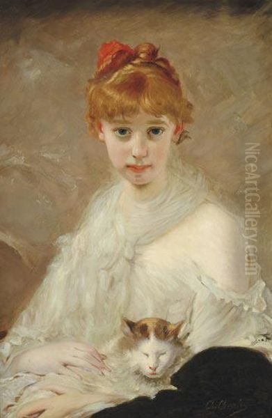 Portrait De Jeune Fille Au Chat Oil Painting by Charles Josua Chaplin