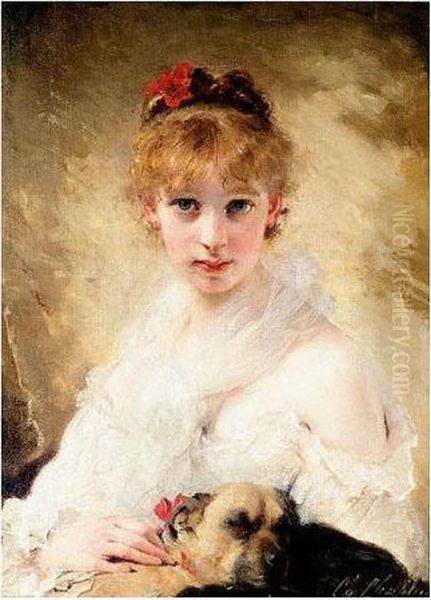 Her Favourite Dog Oil Painting by Charles Josua Chaplin