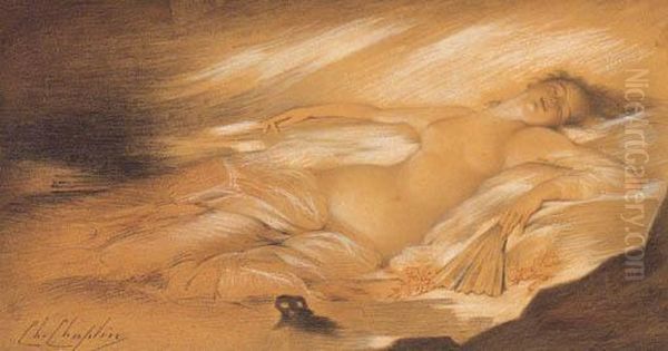 Reclining Nude With Fan Oil Painting by Charles Josua Chaplin