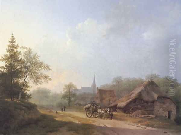 A Cart on a Country Road in Summertime Oil Painting by Barend Cornelis Koekkoek