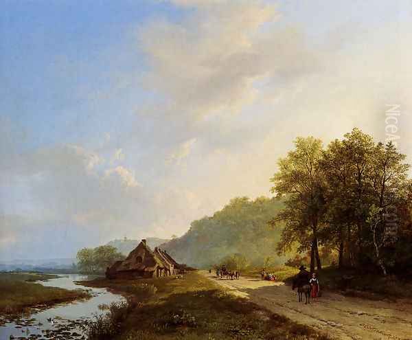 A Summer Landscape With Travellers On A Path Oil Painting by Barend Cornelis Koekkoek