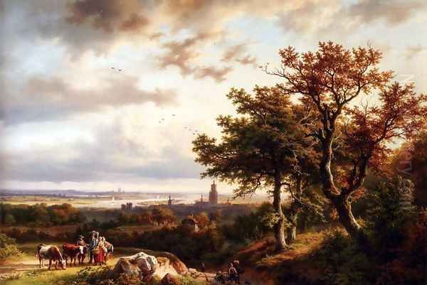 A Panoramic Rhenish Landscape With Peasants Conversing On A Track In The Morning Sun Oil Painting by Barend Cornelis Koekkoek