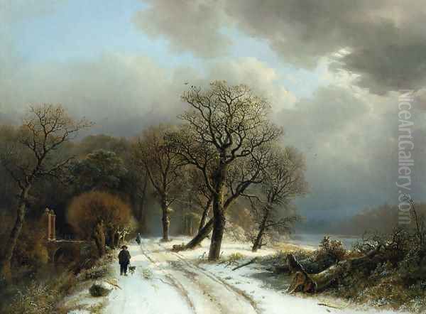 A Figure Walking His Dog on a Path in a Winter Landscape Oil Painting by Barend Cornelis Koekkoek