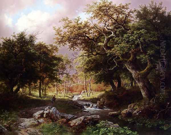 A Wooded Landscape With Figures Along A Stream Oil Painting by Barend Cornelis Koekkoek