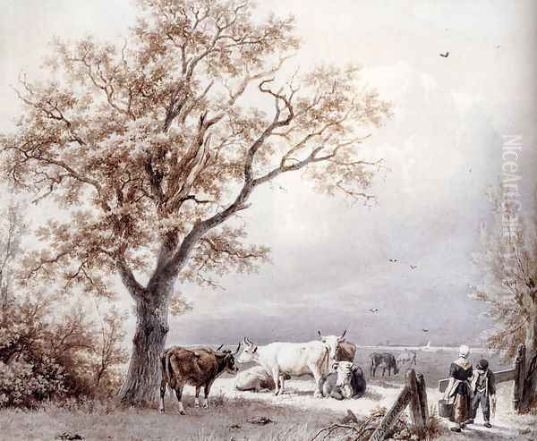 Cows In A Sunlit Meadow Oil Painting by Barend Cornelis Koekkoek