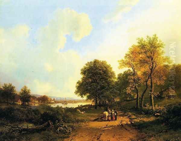 Peasants on a Path by a River Oil Painting by Barend Cornelis Koekkoek