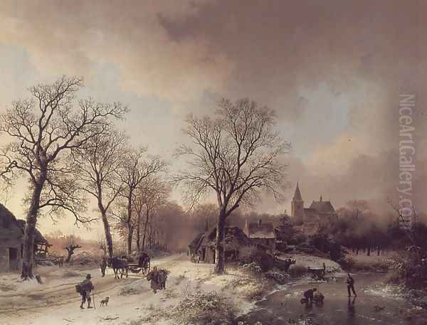 Figures in a Winter Landscape Oil Painting by Barend Cornelis Koekkoek