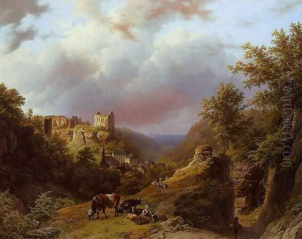 Countryfolk, Cattle and Goats on a Mountain Path with a Village Beyond Oil Painting by Barend Cornelis Koekkoek