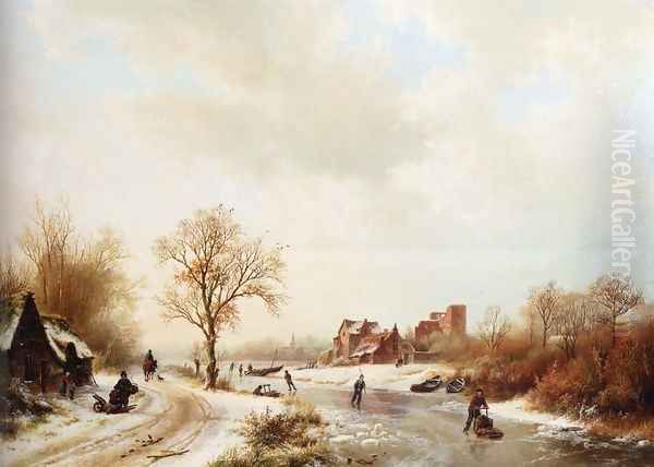 Winterlandschap: A Winter Landscape With Skaters On A Frozen Waterway And Peasants By A Farm In The Foreground Oil Painting by Barend Cornelis Koekkoek