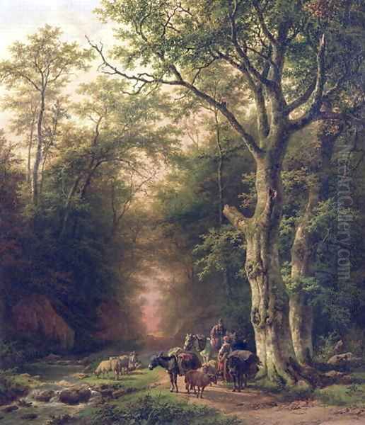 Wooded Landscape with peasants Oil Painting by Barend Cornelis Koekkoek