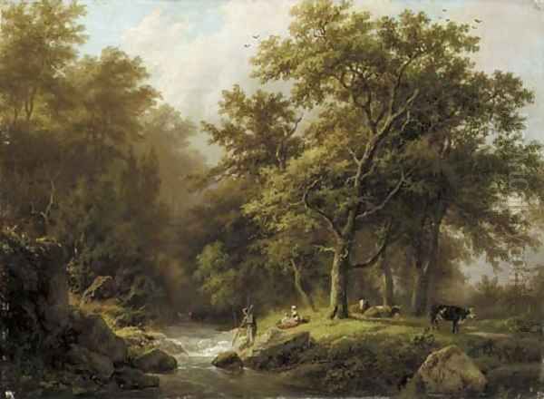 Bosch en heuvelachtig landschap met een stroomende beek a peasant and cattle resting by a wooded stream Oil Painting by Barend Cornelis Koekkoek