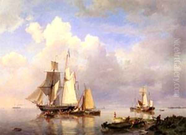 Vessels At Anchor In Estuary With Fisherman Oil Painting by Barend Cornelis Koekkoek