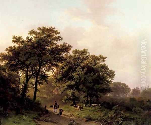 Travellers on a wooded path at sunrise Oil Painting by Barend Cornelis Koekkoek