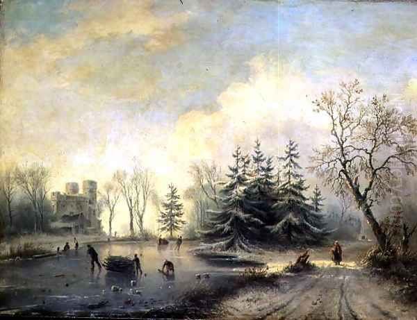 Trees, Castle and skating figures Oil Painting by Barend Cornelis Koekkoek