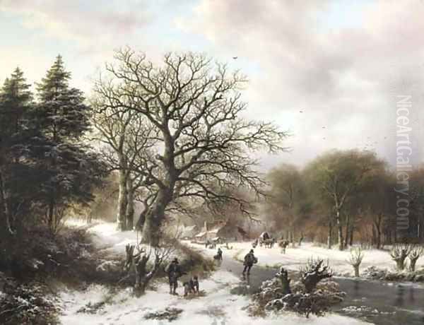 A winter landscape with wood gatherers and skaters Oil Painting by Barend Cornelis Koekkoek