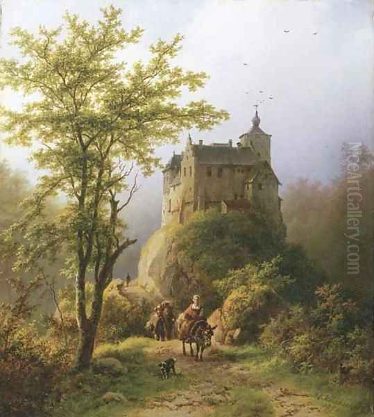 Berg en boomrijk landschap met een kasteel a castle in a wooded valley Oil Painting by Barend Cornelis Koekkoek