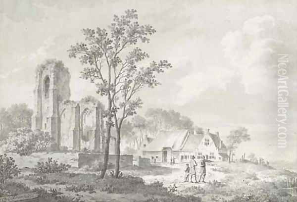 Figures conversing by a farmhouse and a ruin Oil Painting by Barend Cornelis Koekkoek