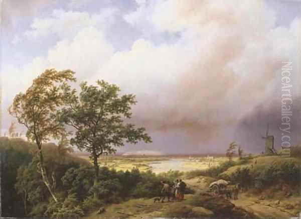 Gelders landschap bij afdrijvende donderbuij en brand in de verte a panoramic view of a valley with Schloss Moyland in the background Oil Painting by Barend Cornelis Koekkoek