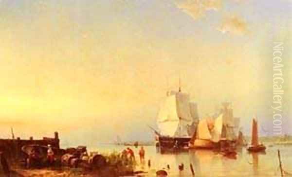 Three Mast Ships At Anchor Oil Painting by Barend Cornelis Koekkoek