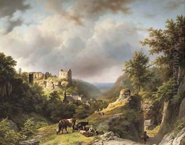 Figures on a mountain pass with the village and the Chateau of Larochette in the distance, Luxembourg Oil Painting by Barend Cornelis Koekkoek