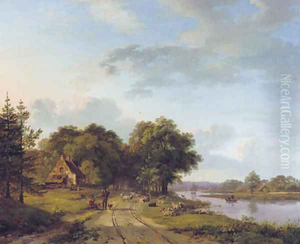 Shepherds with their flock along a calm sunlit river Oil Painting by Barend Cornelis Koekkoek