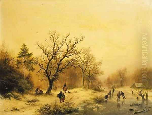 A snow-covered forest with skaters on a frozen waterway Oil Painting by Barend Cornelis Koekkoek