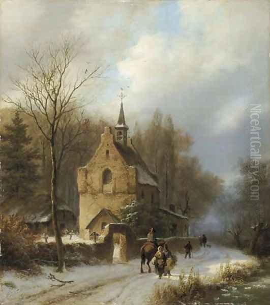 Een boomrijk landschap met een kapel bij winter peasants passing a chapel in winter Oil Painting by Barend Cornelis Koekkoek