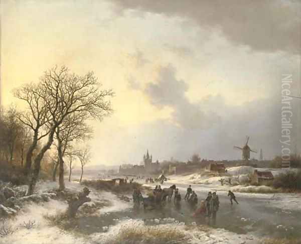 Late afternoon with numerous skaters by a town Oil Painting by Barend Cornelis Koekkoek