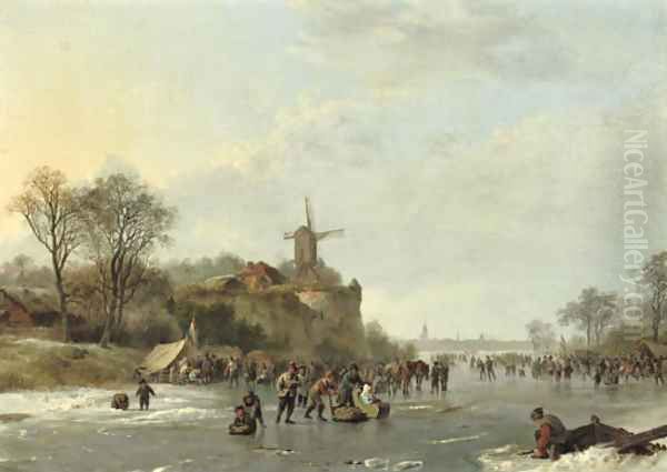 An extensive winter landscape with numerous figures by a 'koek en zopie', an iceskating race in the distance Oil Painting by Barend Cornelis Koekkoek