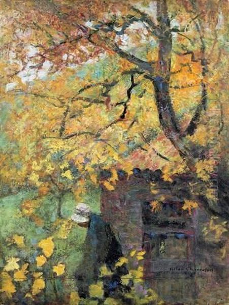 Femme Au Chapeau Blanc Sous Un Arbre, Automne Oil Painting by Victor Charreton