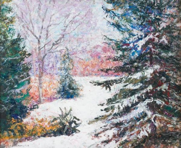 Paysage Enneige, Au Dos Paysage Lacustre Oil Painting by Victor Charreton